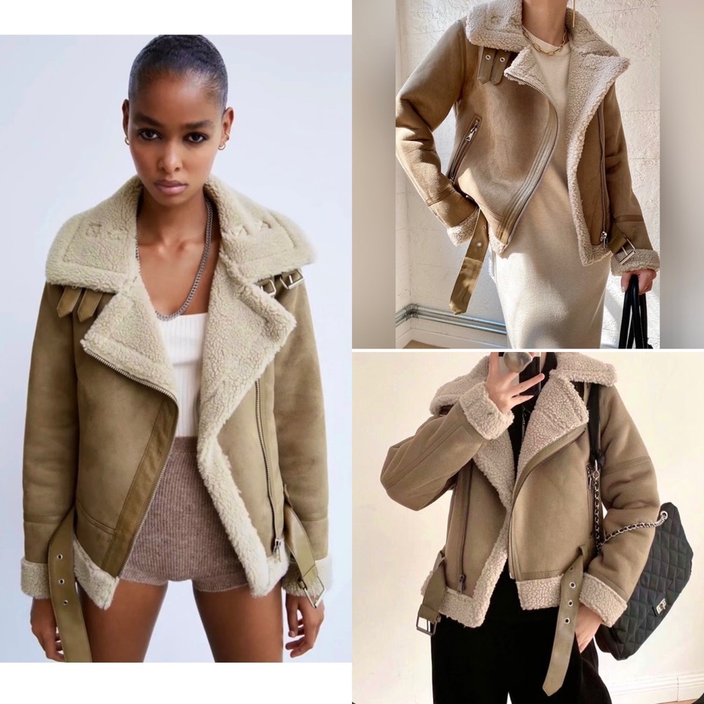 Zara Tan Teddy Jacket with Shearling Collar